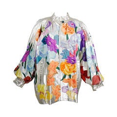 Vintage YSL Couture Silver Leather with Rainbow Floral Appliqué Jacket