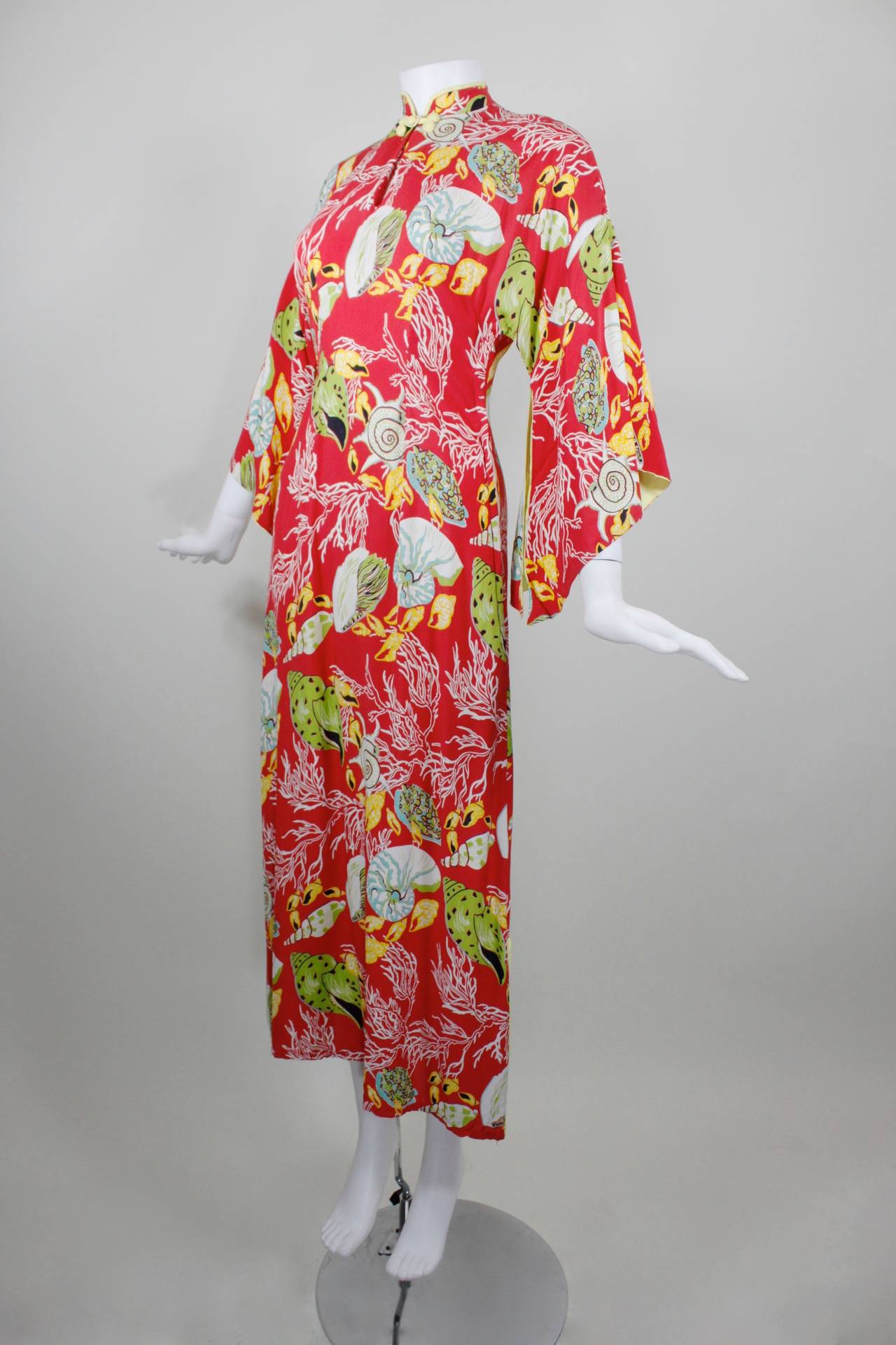 Pink 1940s Hawaiian Free Floating Aquatic Print Rayon Dress