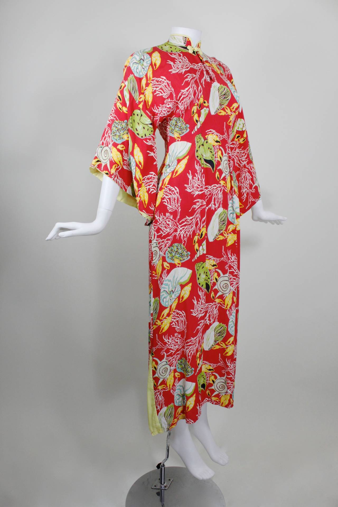 1940s Hawaiian Free Floating Aquatic Print Rayon Dress 2