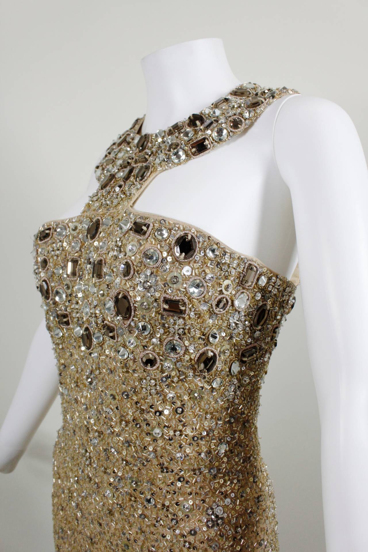 Oscar de la Renta Dazzling Champagne Beaded Egyptian Collar Gown 2