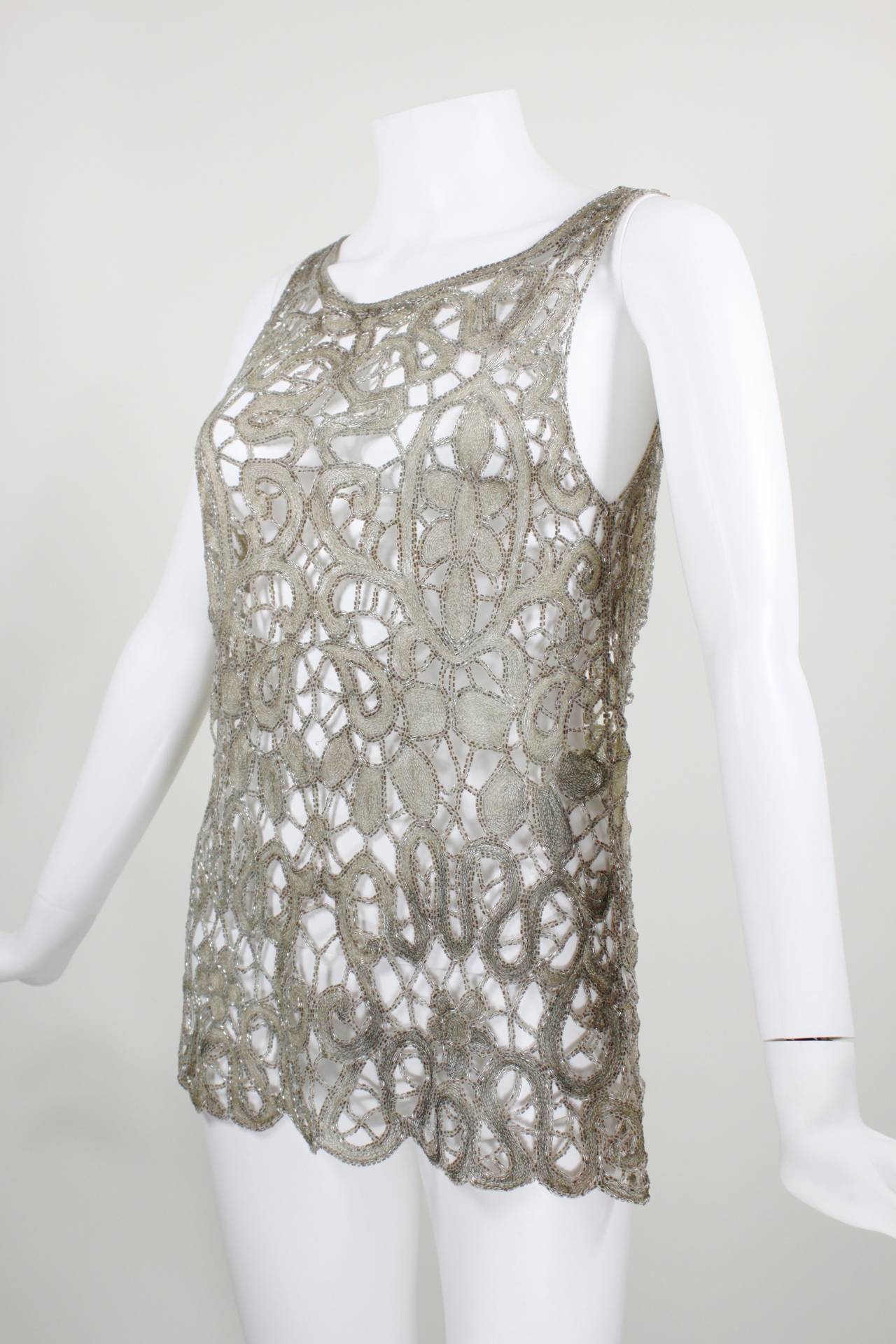 Gray 1920s Lace Cutout Blouse with Gold Lamé Embroidery and Beading For Sale