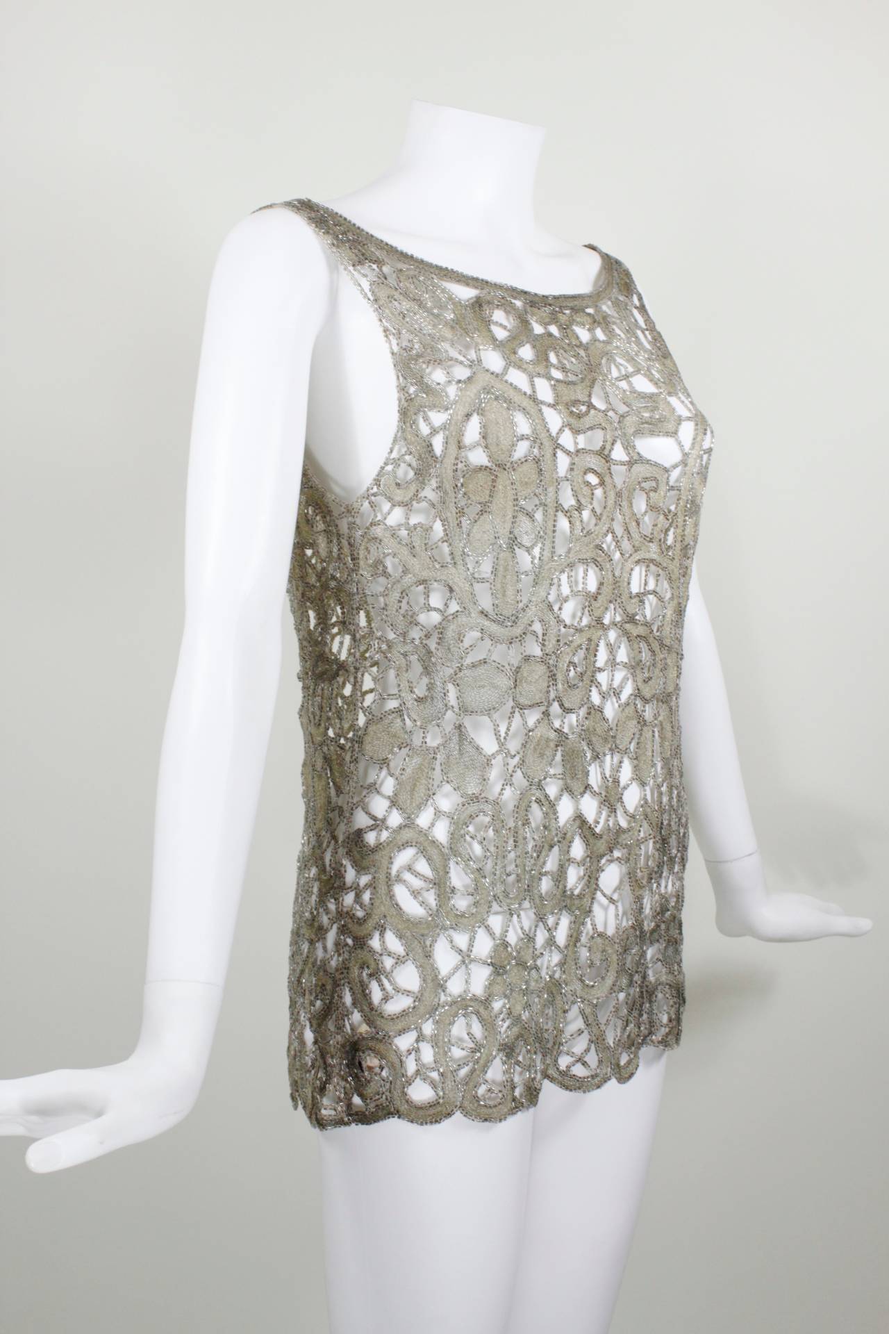 1920s Lace Cutout Blouse with Gold Lamé Embroidery and Beading In Excellent Condition For Sale In Los Angeles, CA