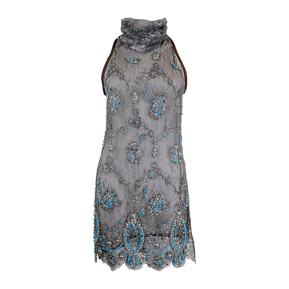 Gianfranco Ferre Metallic Taupe Lace and Turquoise Beaded Tabard For Sale