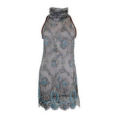 Gianfranco Ferre Metallic Taupe Lace and Turquoise Beaded Tabard