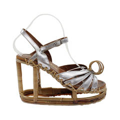 1970s Reed Wrapped and Silver Metallic Leather Structural Wedges