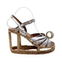 Vintage 1970s Reed Wrapped and Silver Metallic Leather Structural Wedges