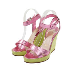 Retro Christian Louboutin Metallic Pink Leather and Lime Green Suede Wedges