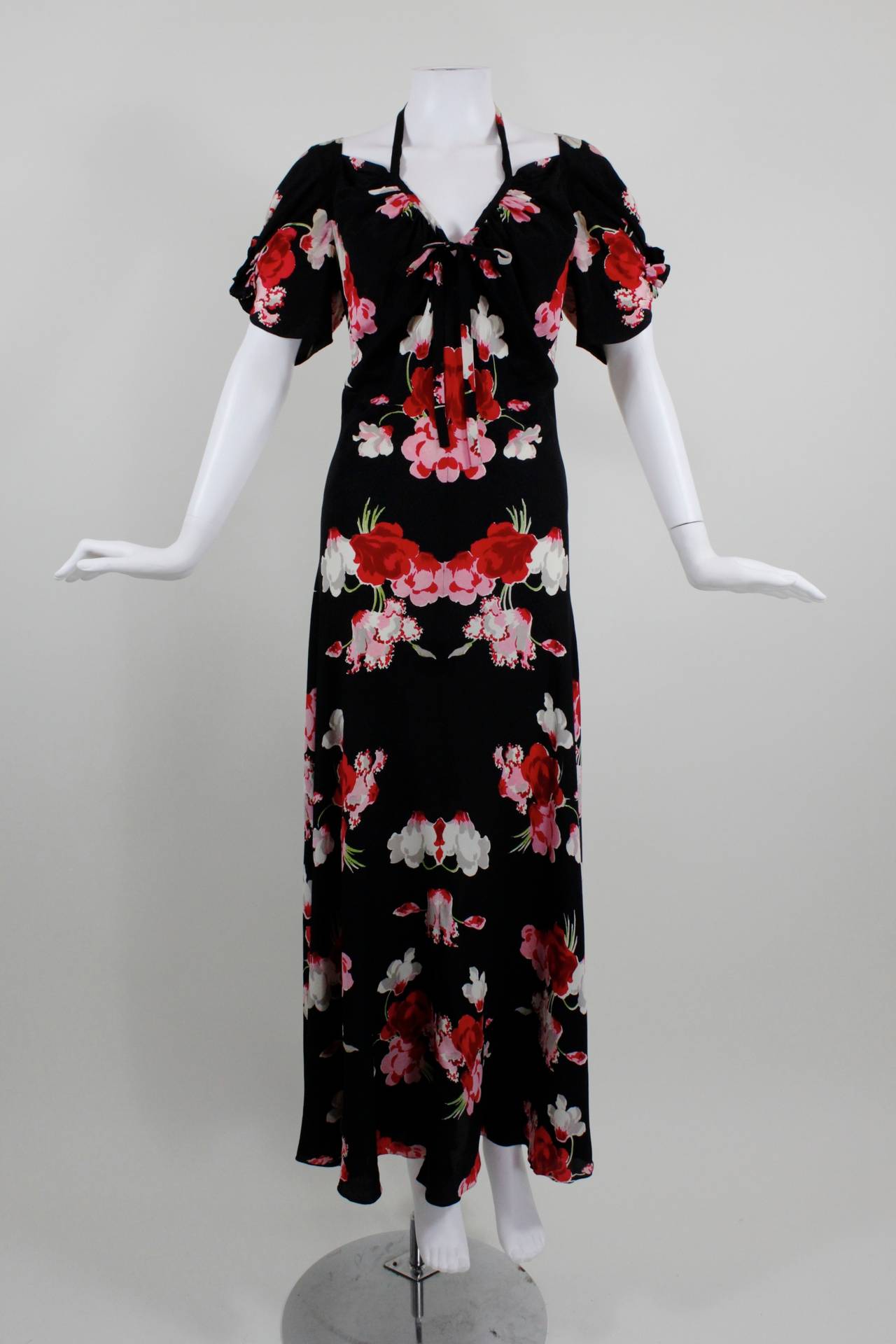 1930s Silk Bouquet Dress with Ruffled Sleeves at 1stdibs
