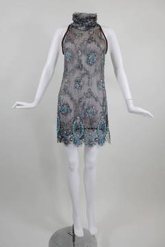 Gianfranco Ferre Metallic Taupe Lace and Turquoise Beaded Tabard