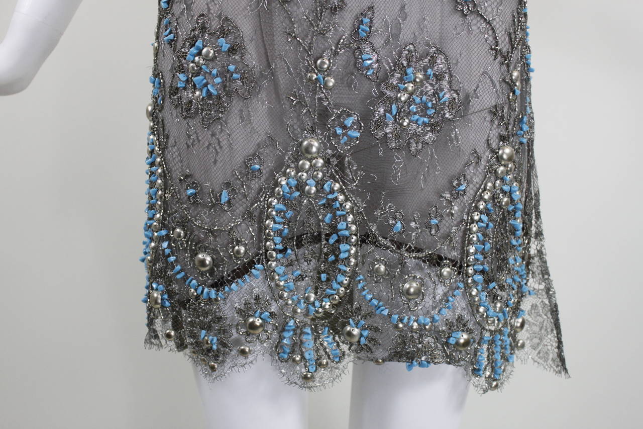 Gianfranco Ferre Metallic Taupe Lace and Turquoise Beaded Tabard For Sale 4
