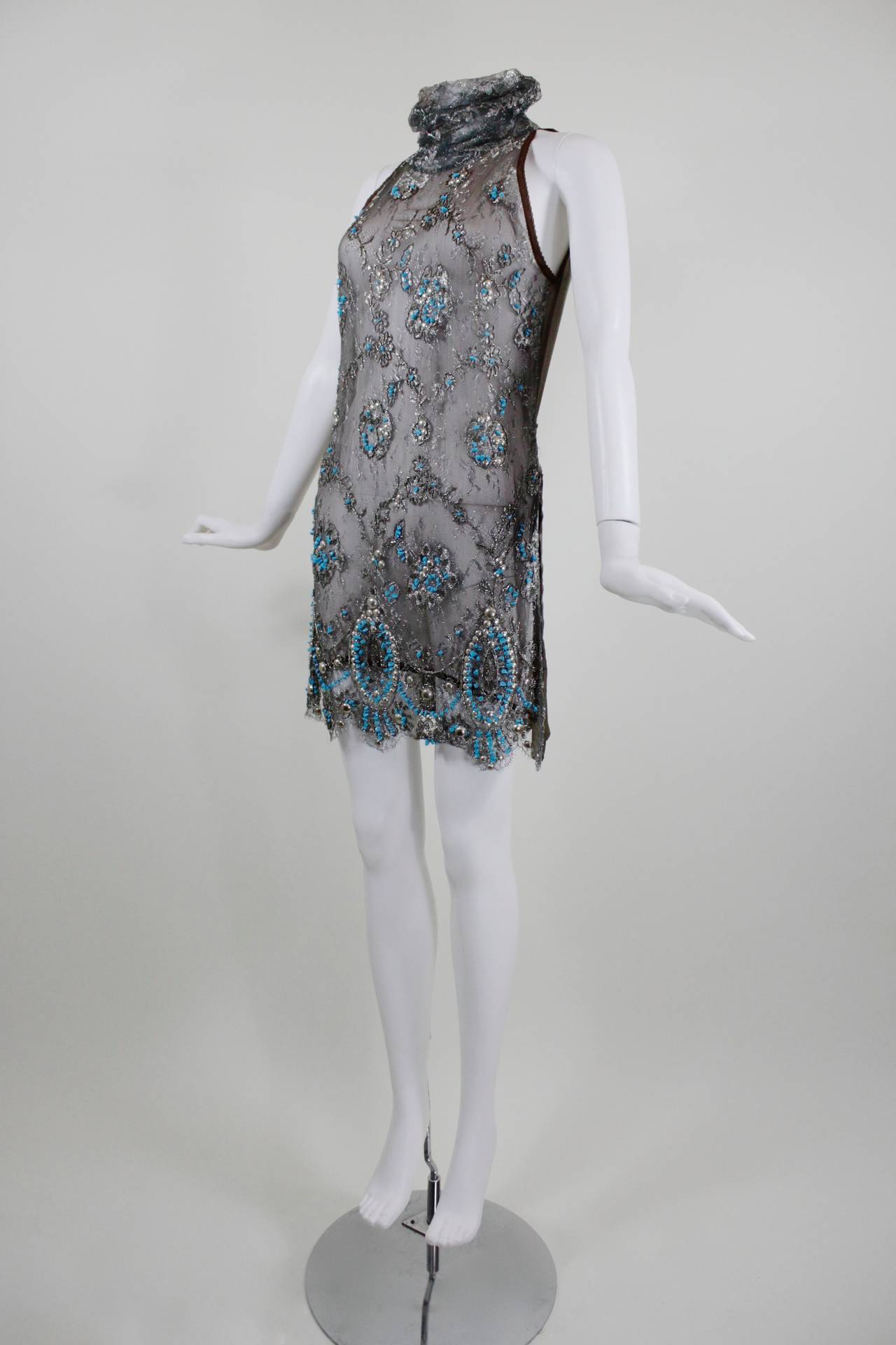 Gray Gianfranco Ferre Metallic Taupe Lace and Turquoise Beaded Tabard For Sale