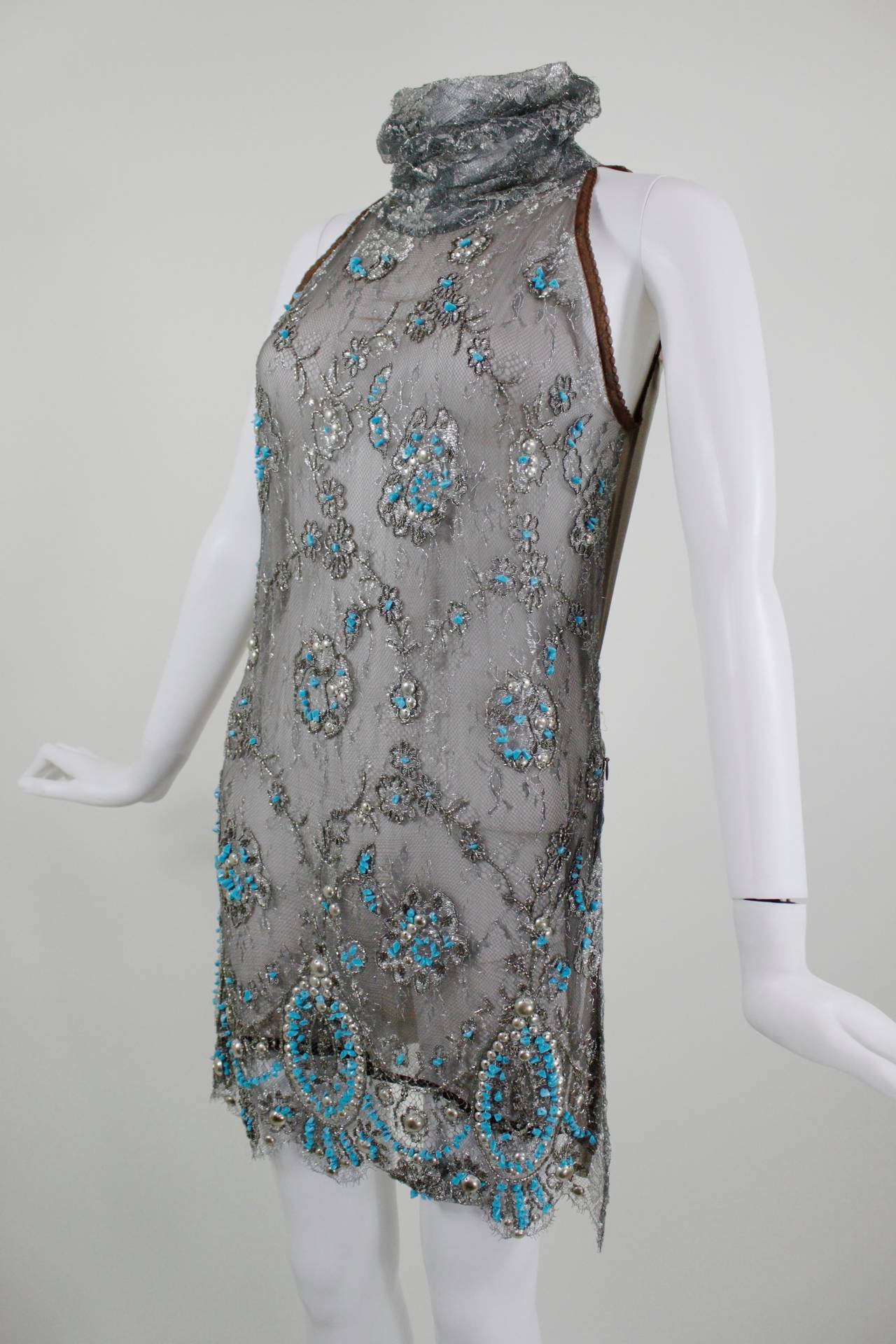 Gianfranco Ferre Metallic Taupe Lace and Turquoise Beaded Tabard For Sale 2