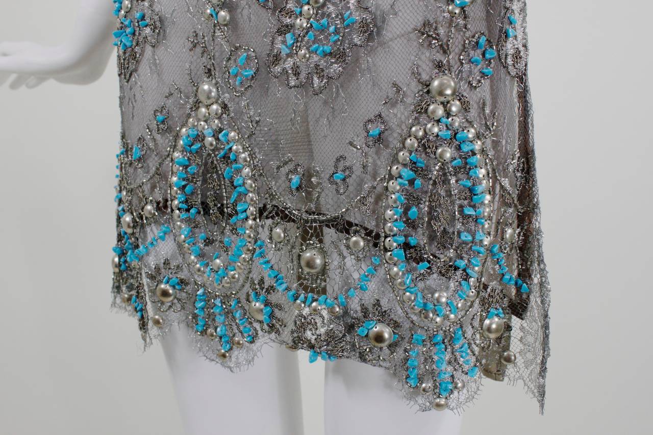 Gianfranco Ferre Metallic Taupe Lace and Turquoise Beaded Tabard For Sale 3