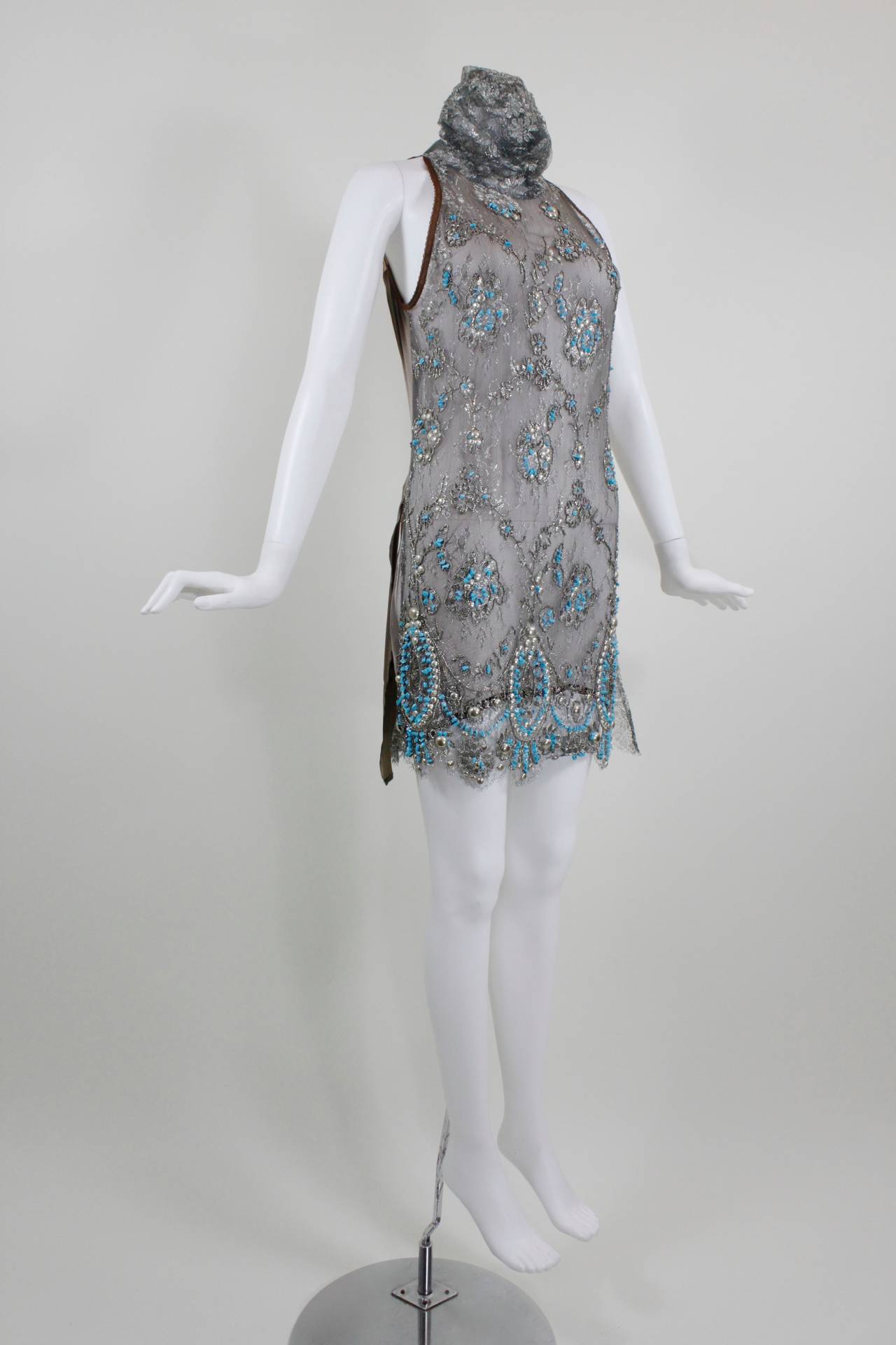 Gianfranco Ferre Metallic Taupe Lace and Turquoise Beaded Tabard In Excellent Condition For Sale In Los Angeles, CA