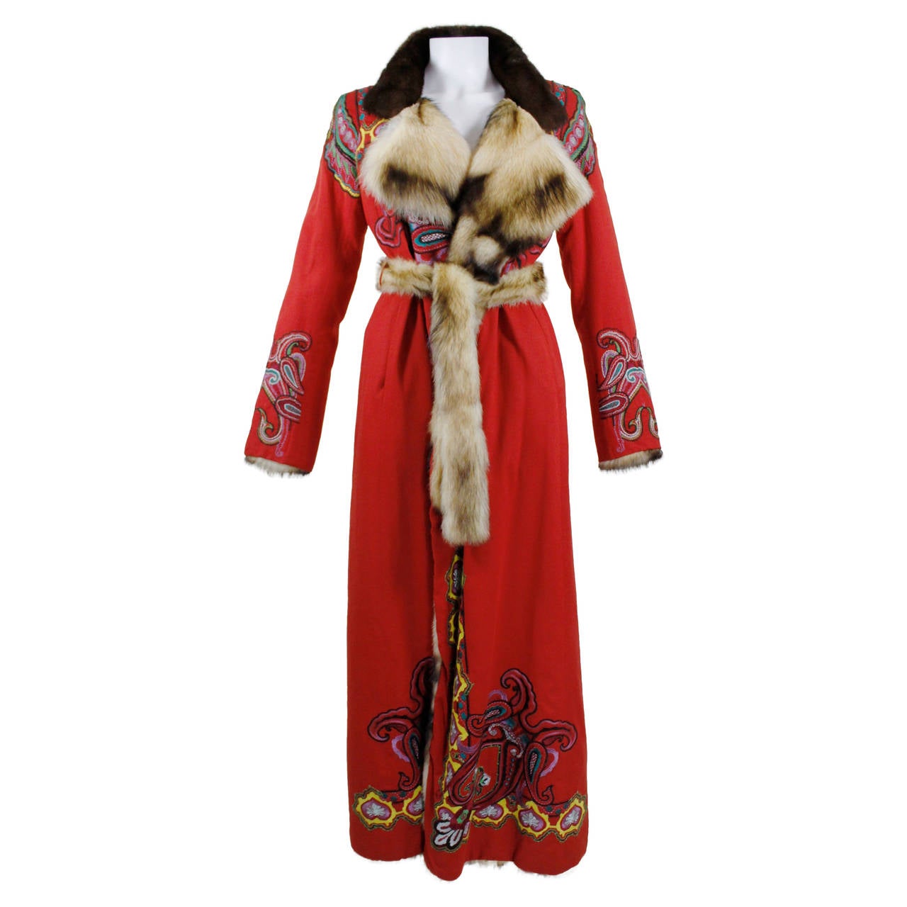 Christian Lacroix Full Length Red Embroidered Coat with Reversible Fur Lining