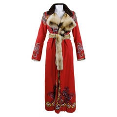 Retro Christian Lacroix Full Length Red Embroidered Coat with Reversible Fur Lining