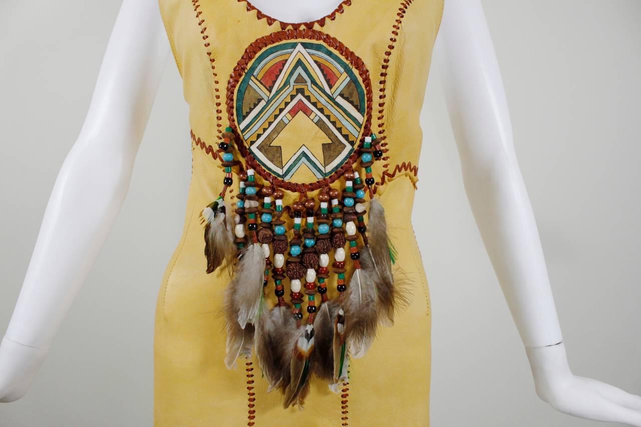 1970s Doe Skin Halter Dress with Iconic Hippie Motif 2