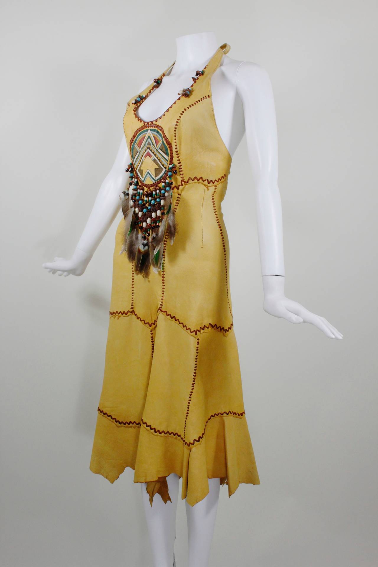 1970s Doe Skin Halter Dress with Iconic Hippie Motif In Excellent Condition In Los Angeles, CA