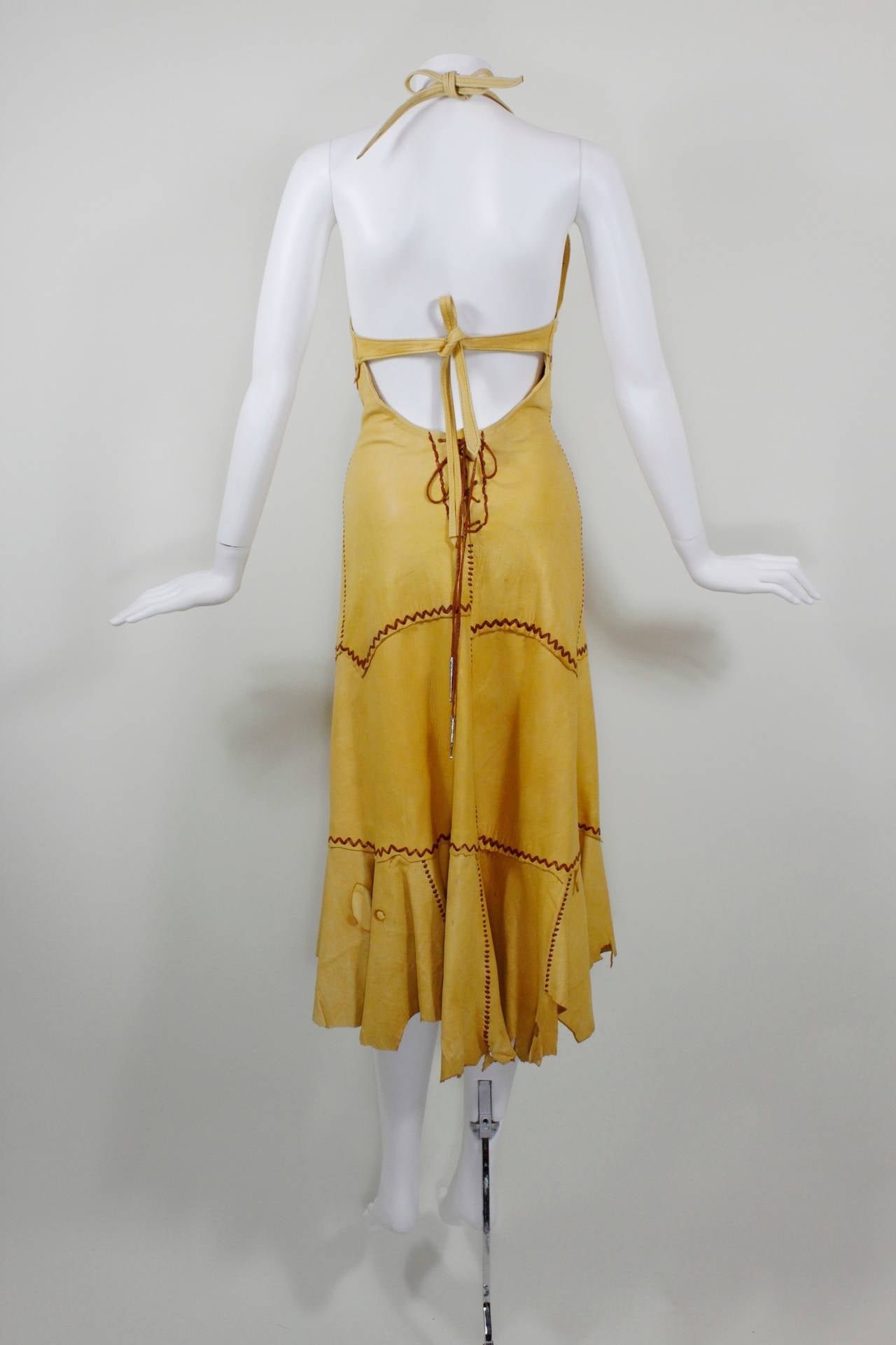 1970s Doe Skin Halter Dress with Iconic Hippie Motif 1