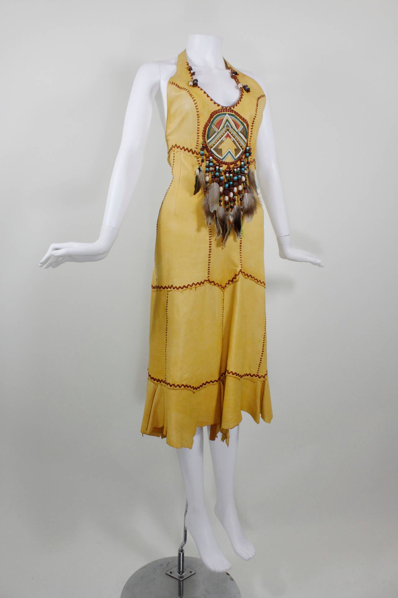 Brown 1970s Doe Skin Halter Dress with Iconic Hippie Motif