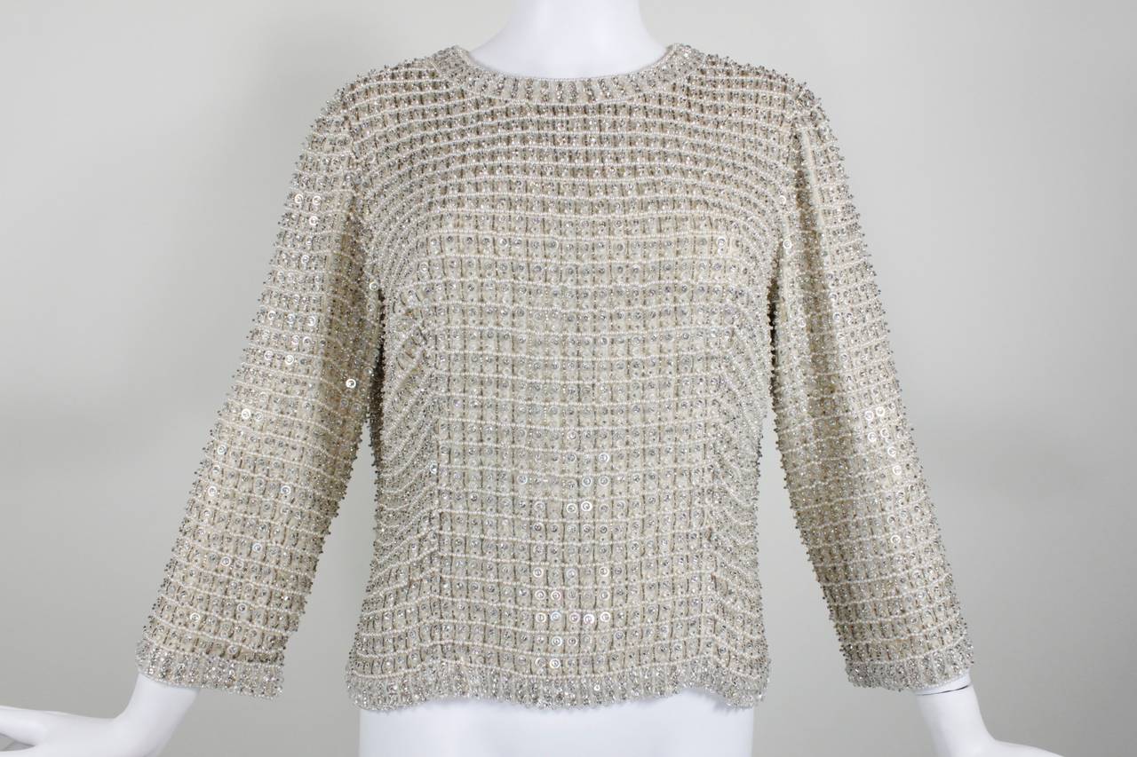 1960s Cream Crystal Beaded Blouse