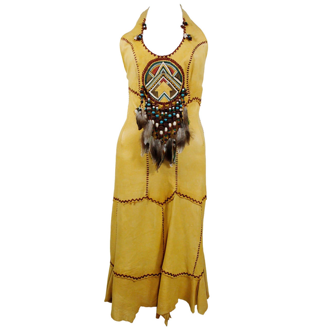 1970s Doe Skin Halter Dress with Iconic Hippie Motif