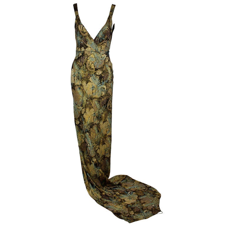 1930s Tropical Lamé Gown with Train For Sale