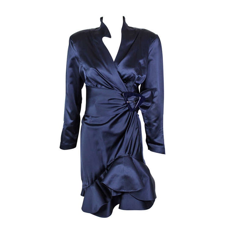 Mugler 1980s Midnight Blue Party Dress with Belt For Sale