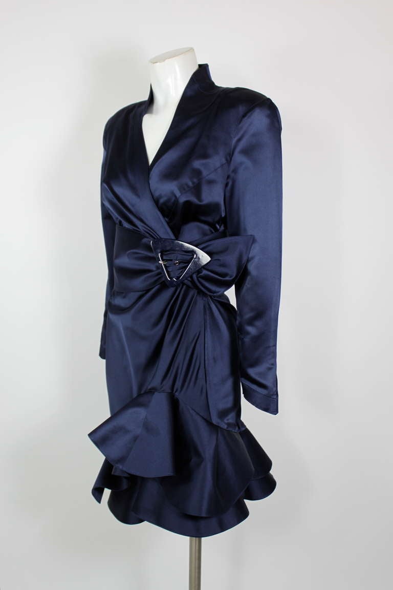 Purple Mugler 1980s Midnight Blue Party Dress with Belt For Sale