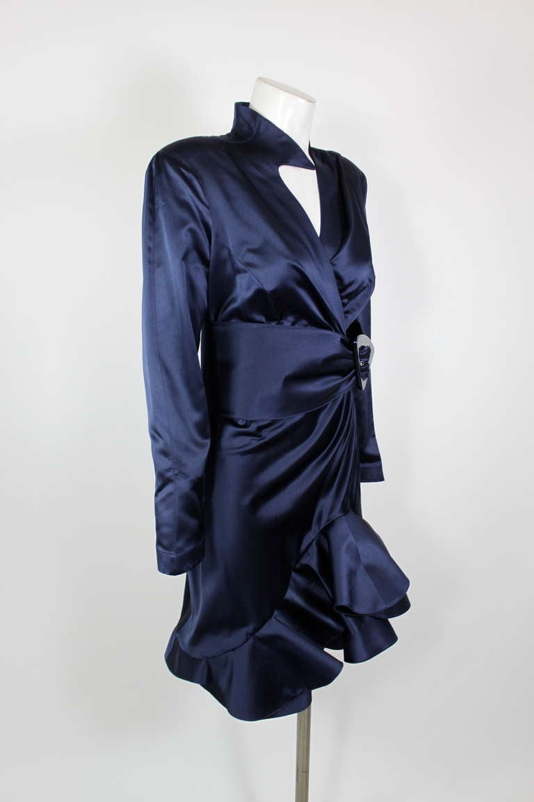 Mugler 1980s Midnight Blue Party Dress with Belt For Sale 3