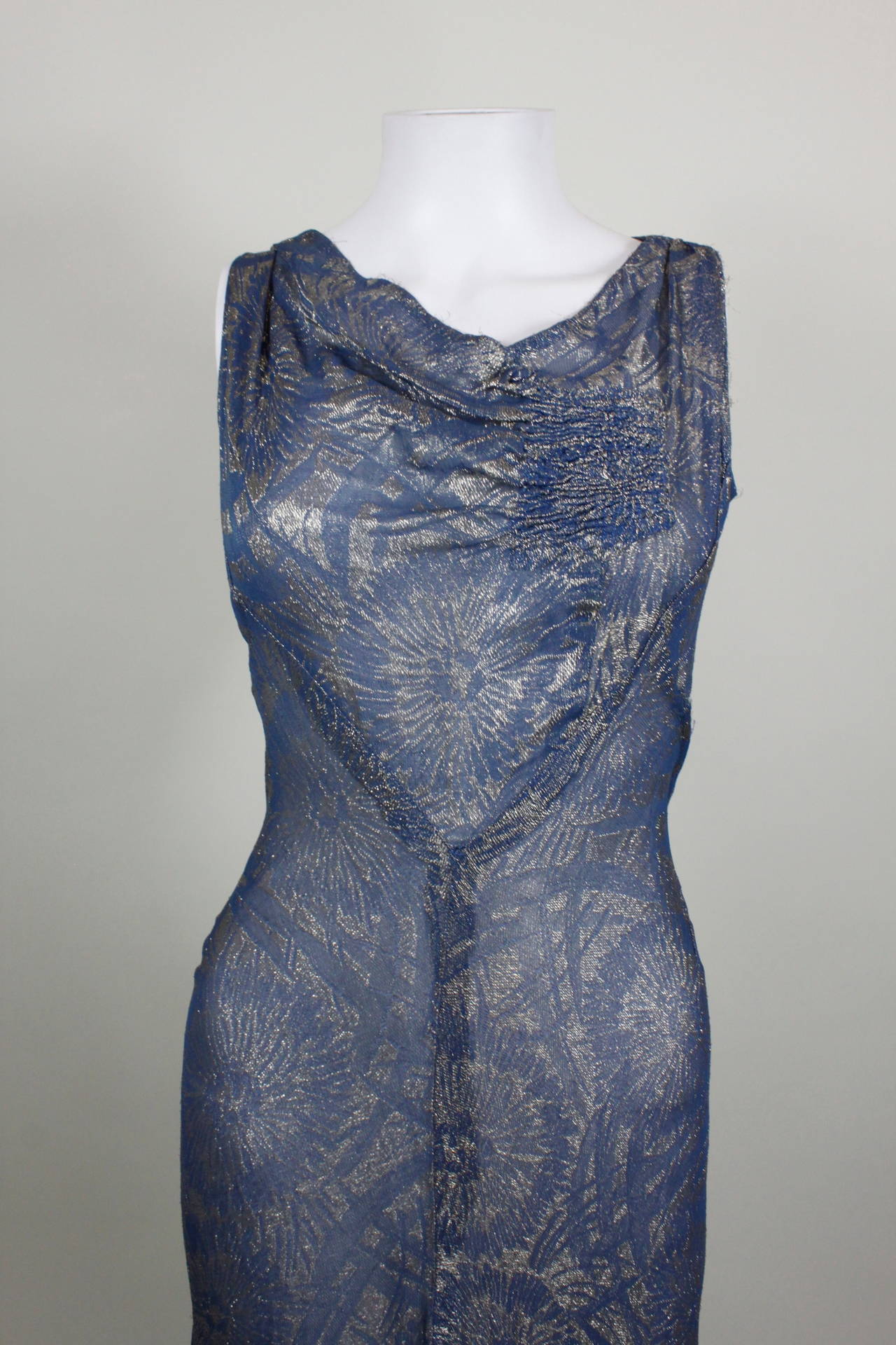 1930s Blue Floral Lamé Evening Gown with Peplum Jacket For Sale 1