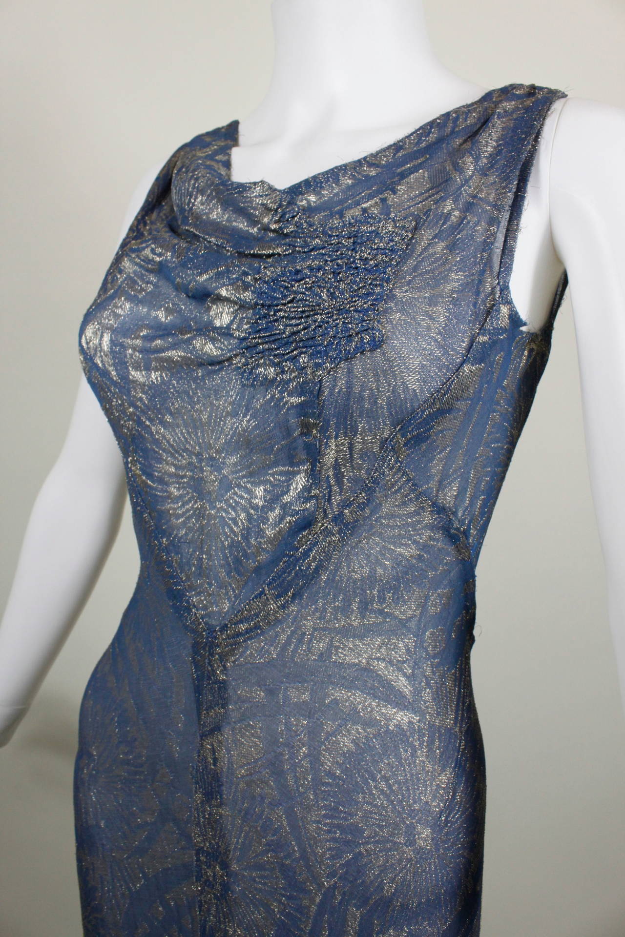 Women's 1930s Blue Floral Lamé Evening Gown with Peplum Jacket For Sale