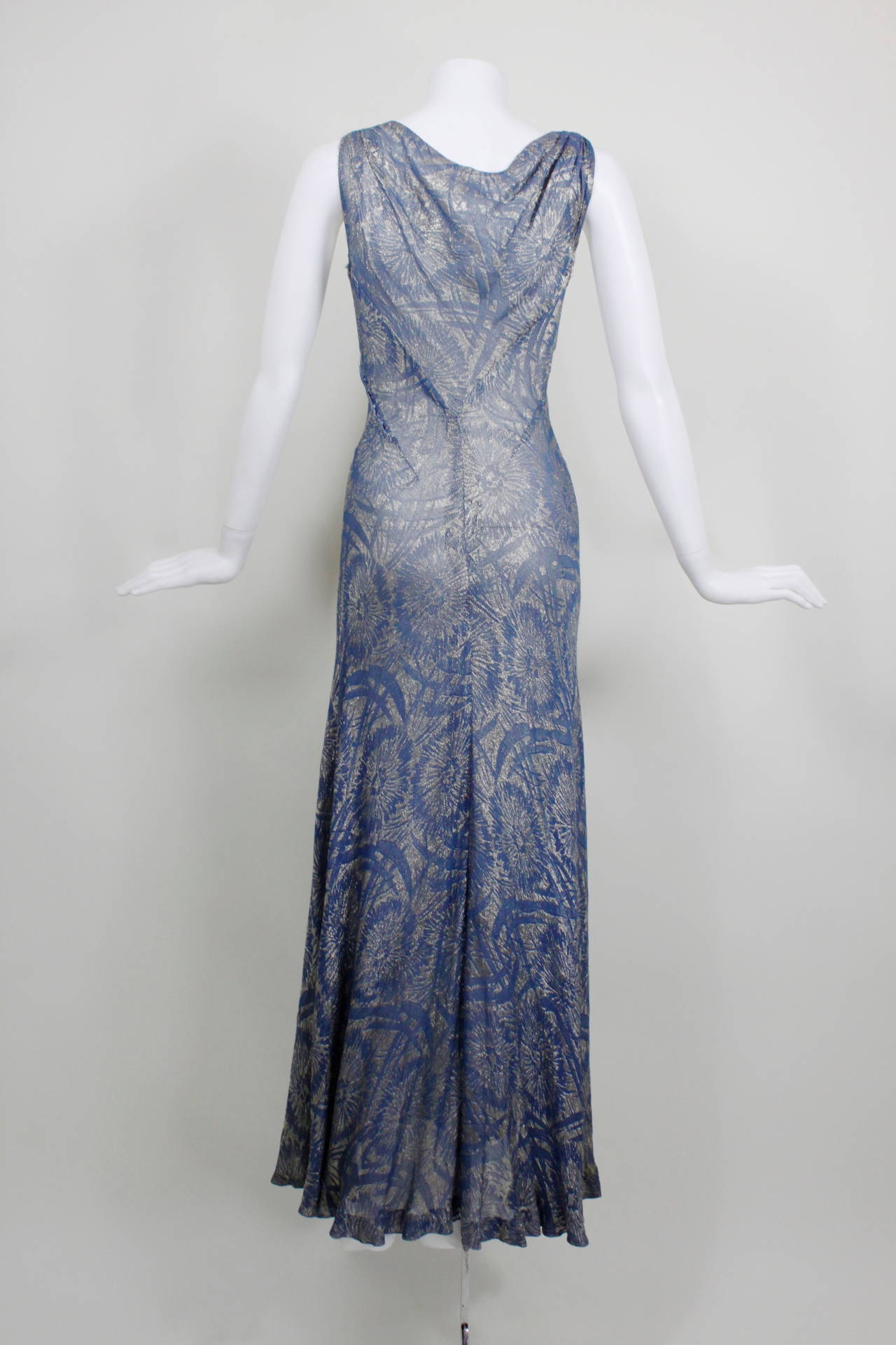 1930s Blue Floral Lamé Evening Gown with Peplum Jacket In Excellent Condition For Sale In Los Angeles, CA
