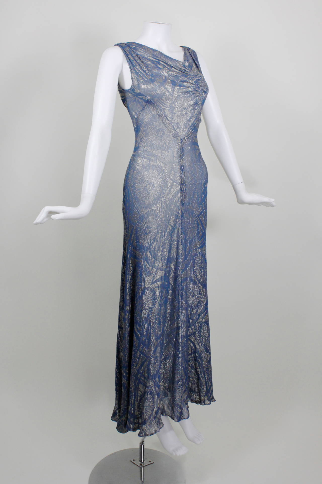 Gray 1930s Blue Floral Lamé Evening Gown with Peplum Jacket For Sale