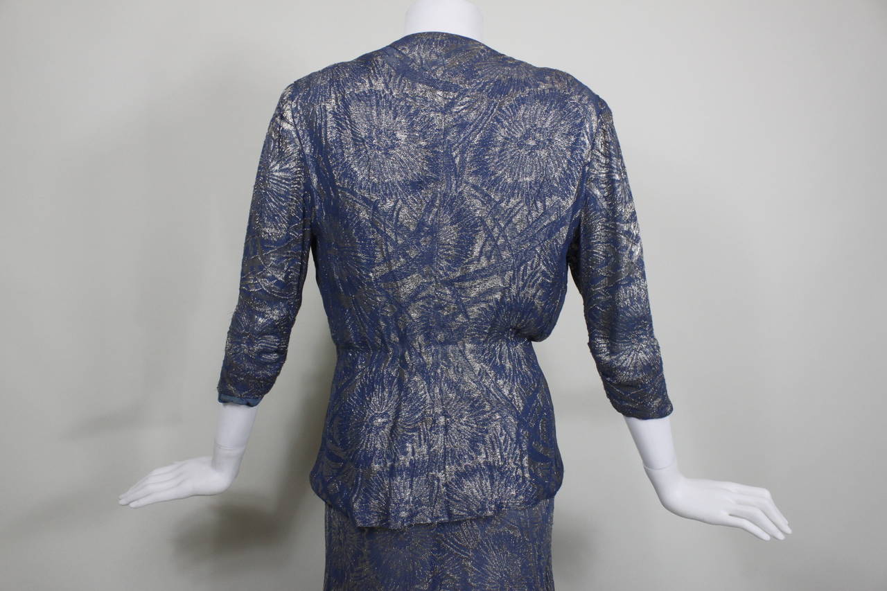 1930s Blue Floral Lamé Evening Gown with Peplum Jacket For Sale 4