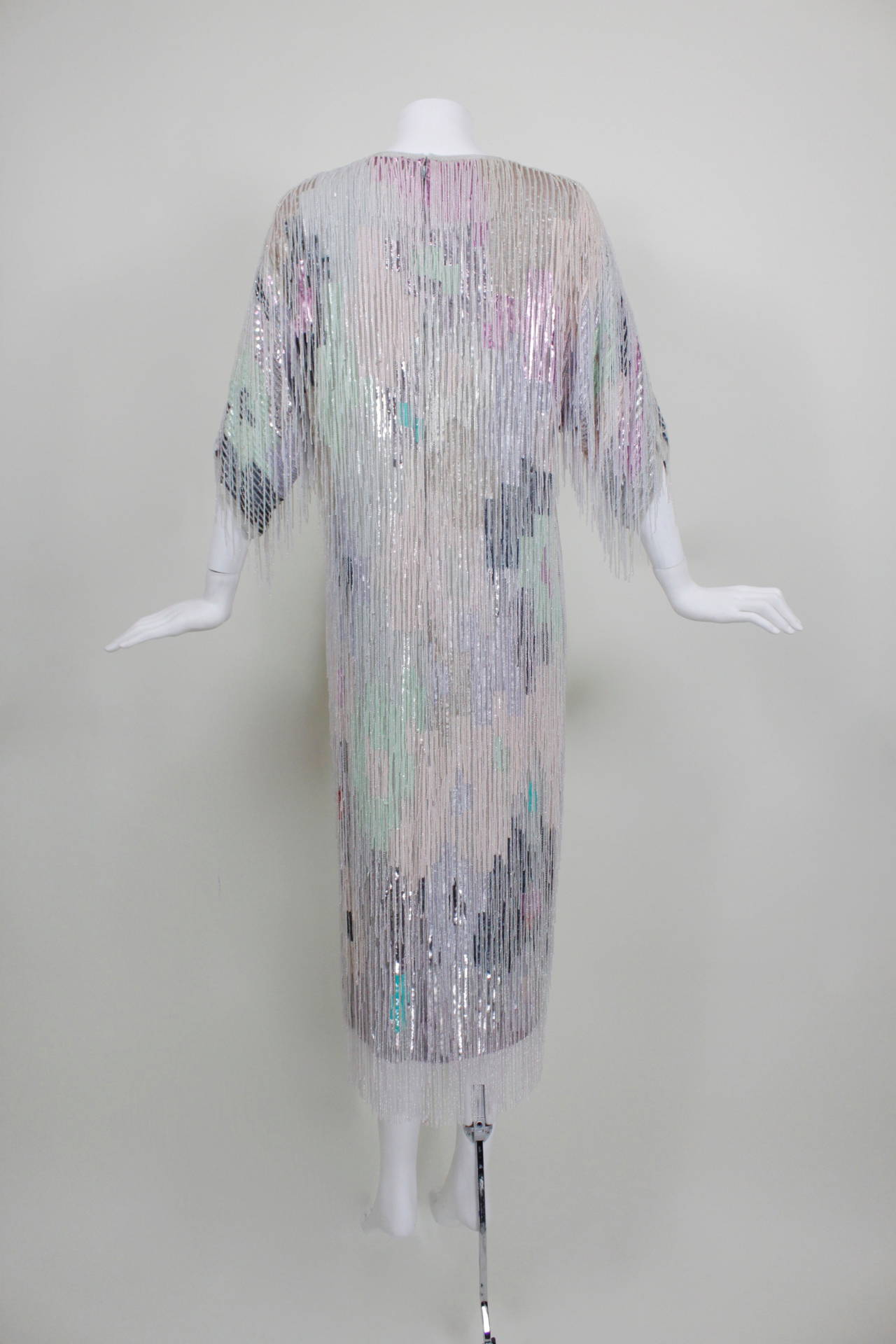 Louis Feraud Pastel Heavily Beaded Fringe Party Dress In Excellent Condition In Los Angeles, CA