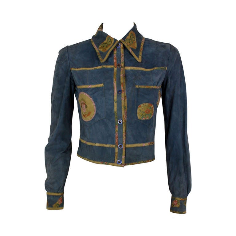 Roberto Cavalli 1970s Blue Suede Patchwork Shirt For Sale