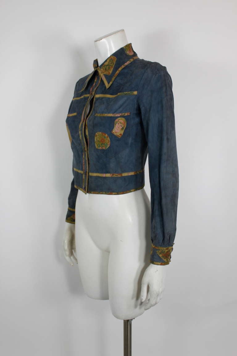 Women's Roberto Cavalli 1970s Blue Suede Patchwork Shirt For Sale