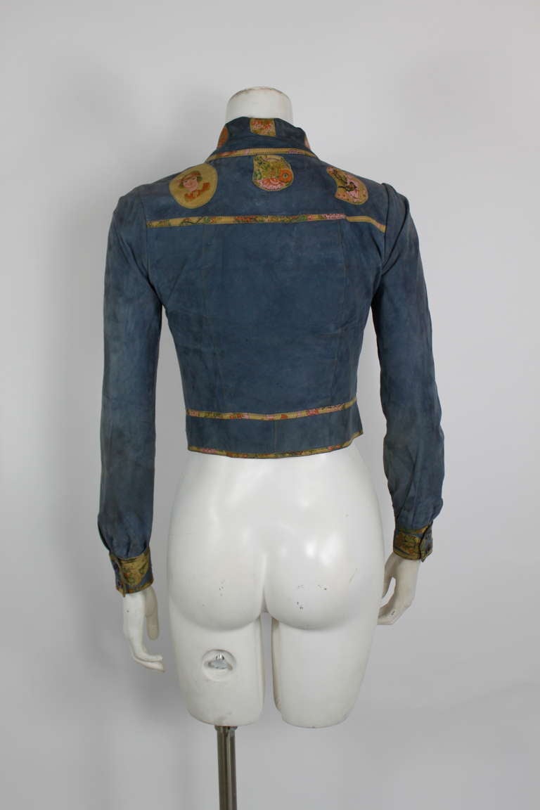 Roberto Cavalli 1970s Blue Suede Patchwork Shirt For Sale 3