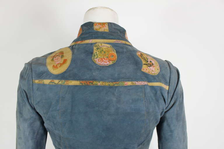 Roberto Cavalli 1970s Blue Suede Patchwork Shirt For Sale 4
