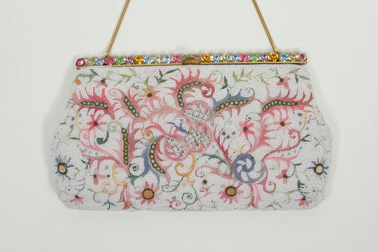 1950s Josef Multicolor Beaded and Tambour Stitched Evening Bag In Excellent Condition In Los Angeles, CA