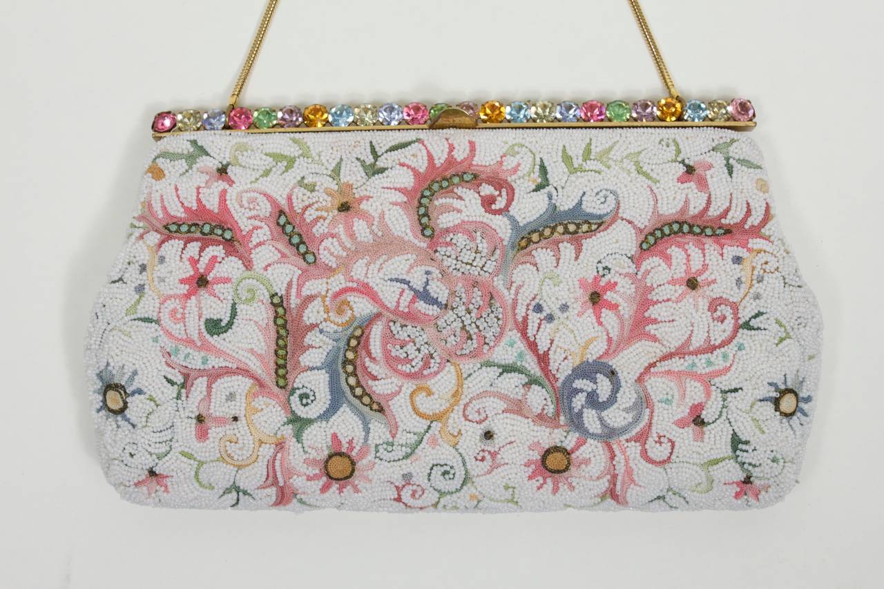 Beige 1950s Josef Multicolor Beaded and Tambour Stitched Evening Bag