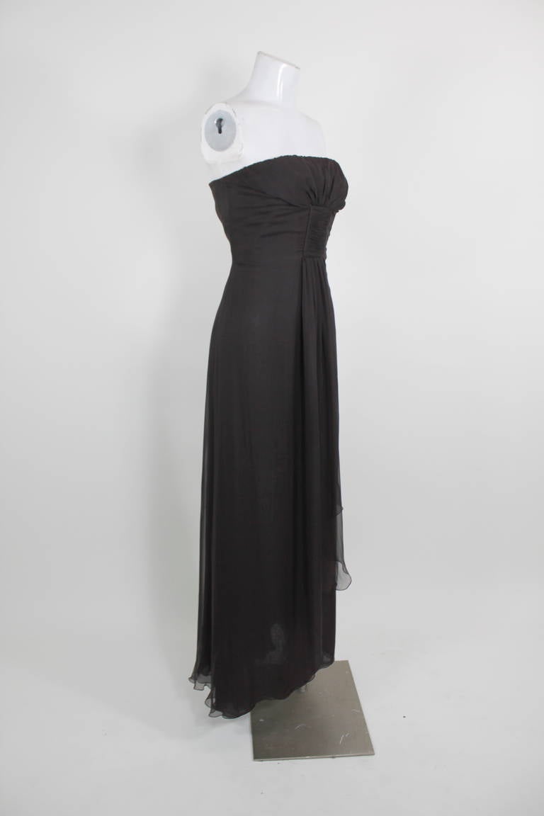 Valentino 2000s Chocolate Chiffon Strapless Gown For Sale 1