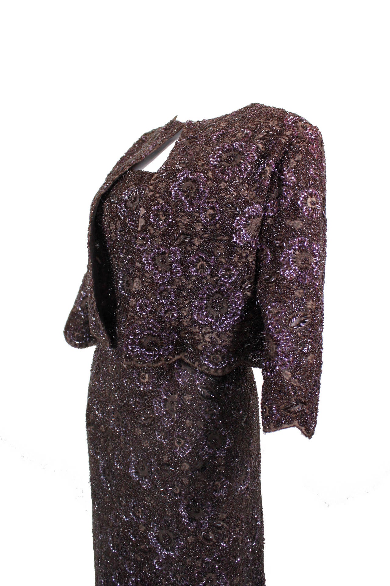 Women's 1950s Mingolini Guggenheim Rich Brown Hand-Beaded Evening Gown For Sale