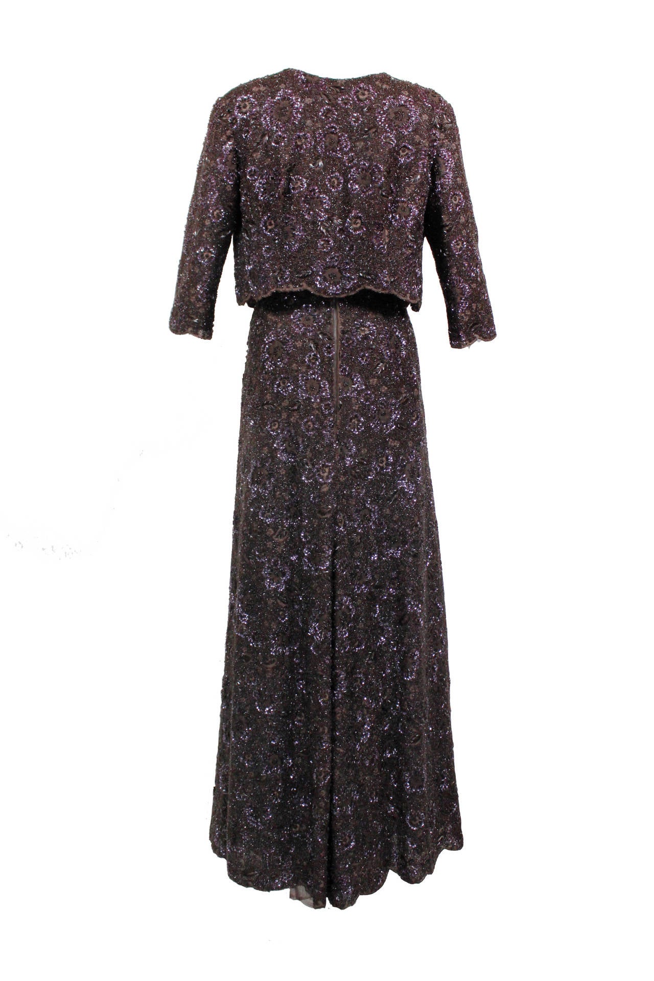 1950s Mingolini Guggenheim Rich Brown Hand-Beaded Evening Gown In Excellent Condition For Sale In Los Angeles, CA