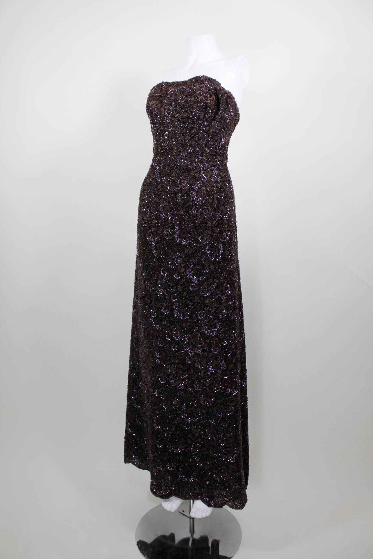 1950s Mingolini Guggenheim Rich Brown Hand-Beaded Evening Gown For Sale 1