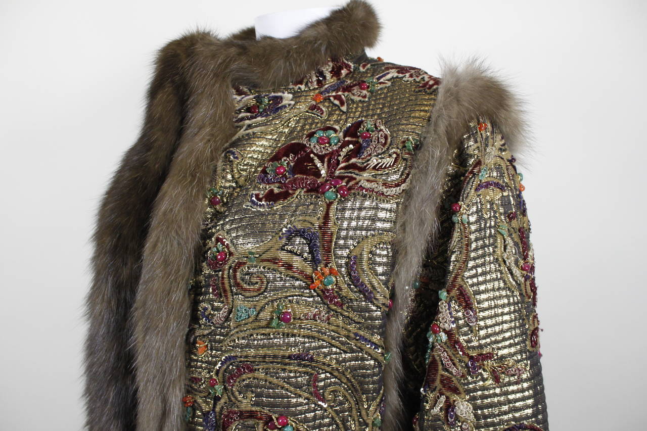 Oscar De La Renta Gold Metallic Coat with Beaded Embroidery & Fur Trim 4
