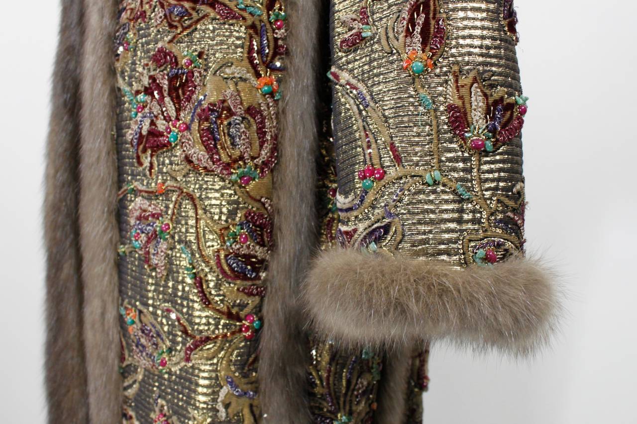 Oscar De La Renta Gold Metallic Coat with Beaded Embroidery & Fur Trim 3