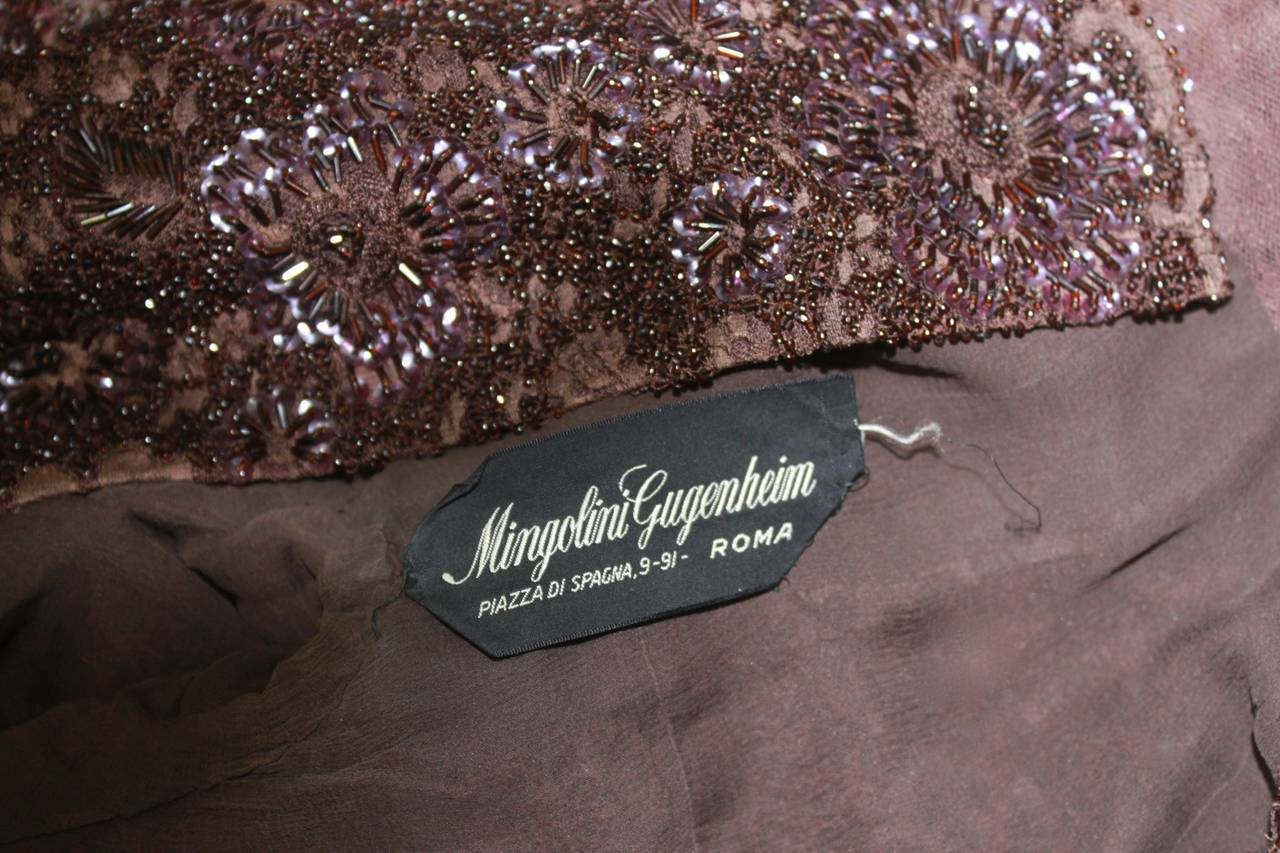 1950s Mingolini Guggenheim Rich Brown Hand-Beaded Evening Gown For Sale 4
