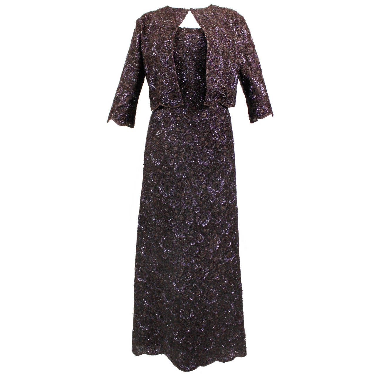 1950s Mingolini Guggenheim Rich Brown Hand-Beaded Evening Gown For Sale